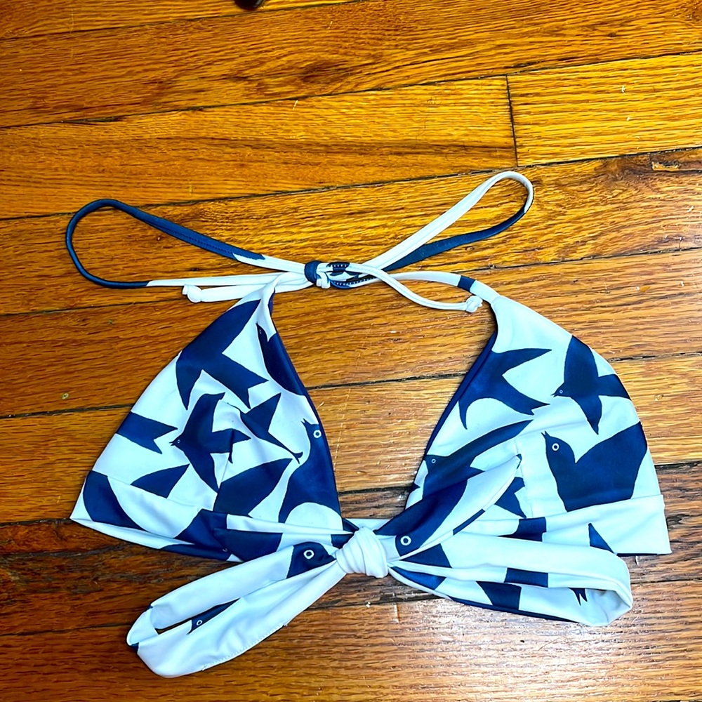 Mara Hoffman/Swimwear, color is White/Navy, size small, bikini top, printed wrap